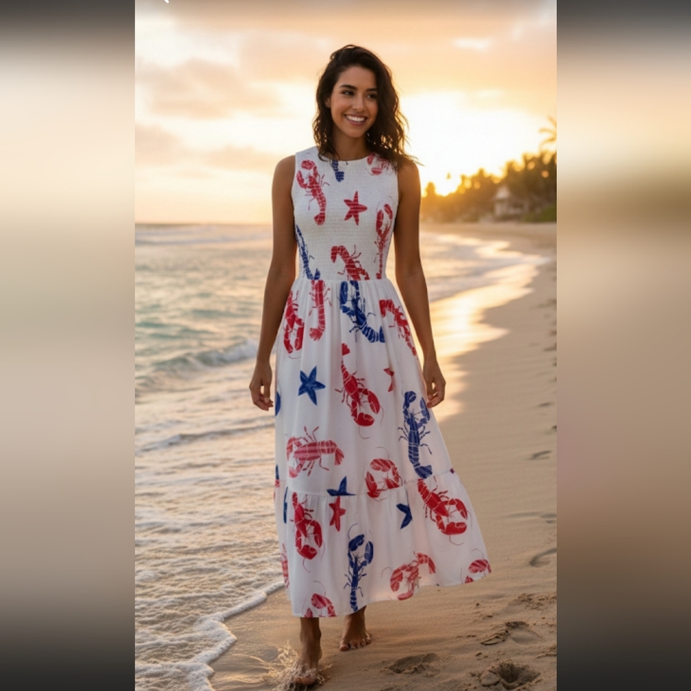 Summer Beach Smocked Midi Dress | Lobster Starfish Nautical Print | Size S